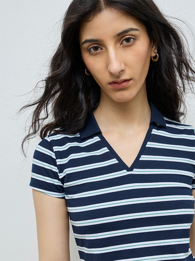 Nuon Navy Striped Cotton-Blend T-Shirt