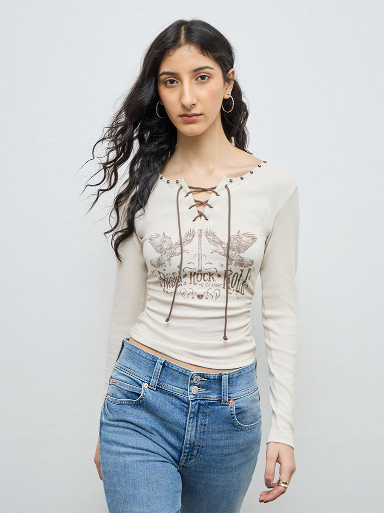 Nuon Beige Printed Cotton-Blend T-Shirt