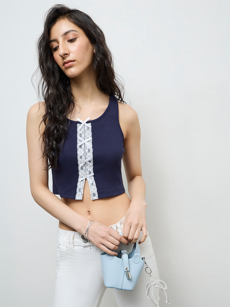 Nuon Navy Blue Lace-Detail Cotton-Blend Top