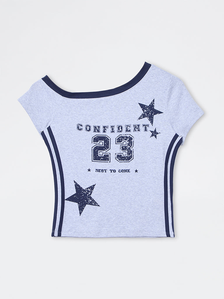Nuon Grey Text Printed Cotton-Blend T-Shirt