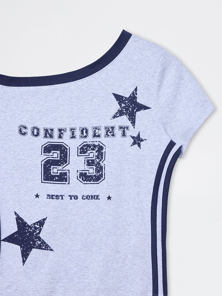 Nuon Grey Text Printed Cotton-Blend T-Shirt
