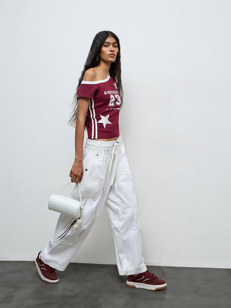 Nuon Burgundy Text Printed Cotton-Blend T-Shirt