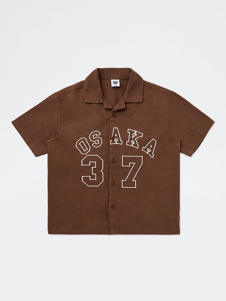 Boys Brown Text-Design Cotton Shirt