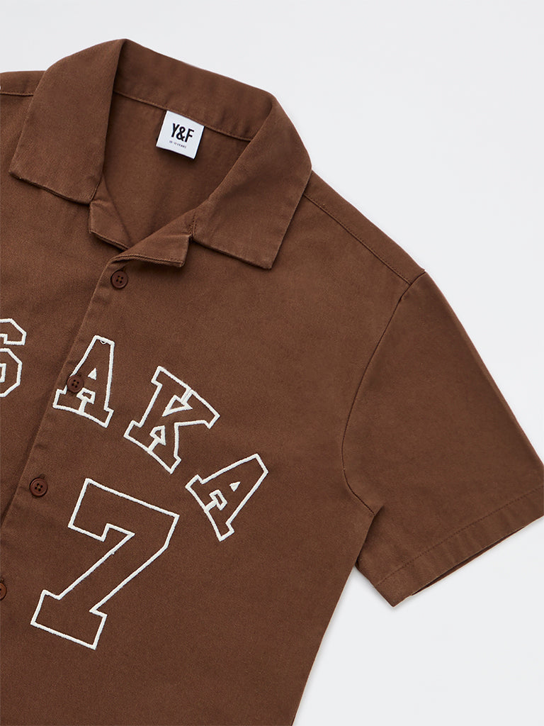 Boys Brown Text-Design Cotton Shirt