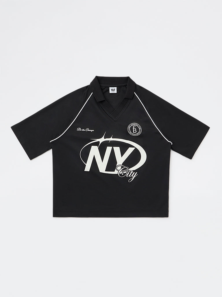 Boys Black Text-Printed T-Shirt