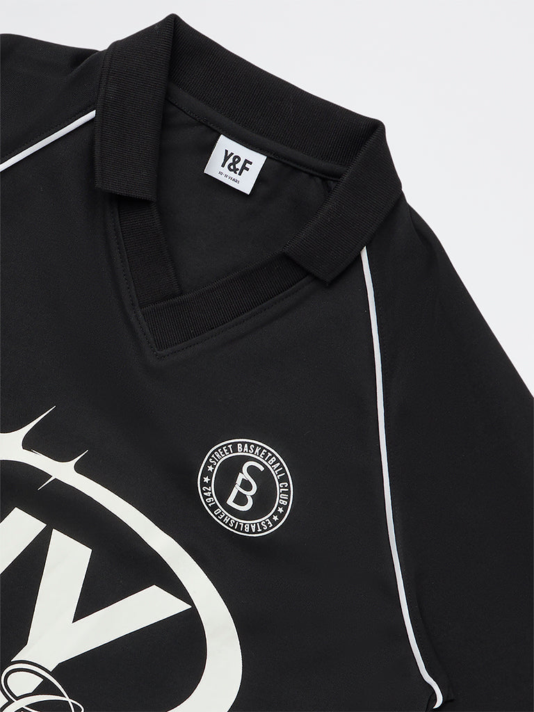 Boys Black Text-Printed T-Shirt