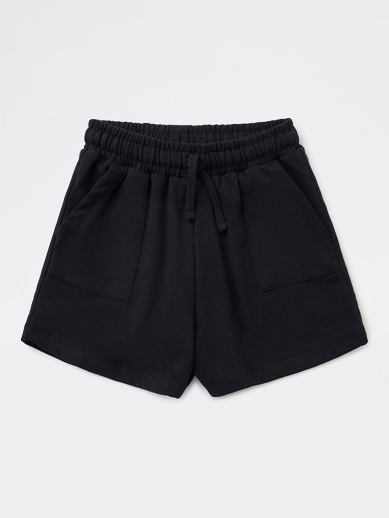 Girls Black Solid High-Rise Cotton-Blend Shorts
