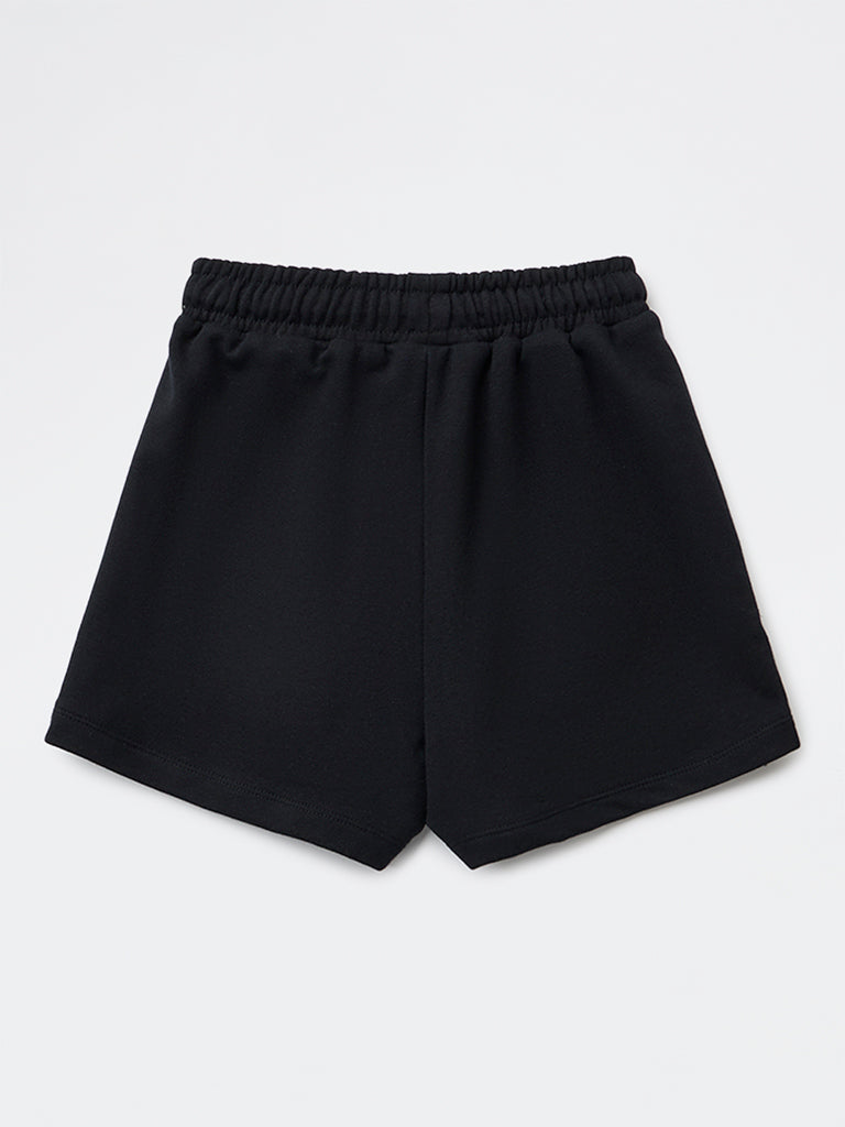 Girls Black Solid High-Rise Cotton-Blend Shorts