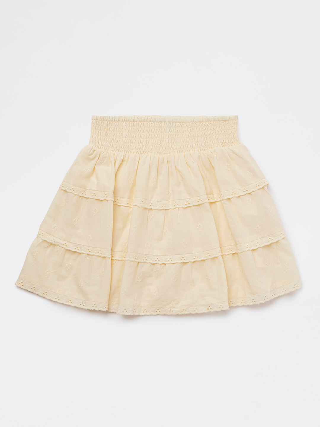 Girls Yellow Schiffli Design High-Rise Cotton Skirt