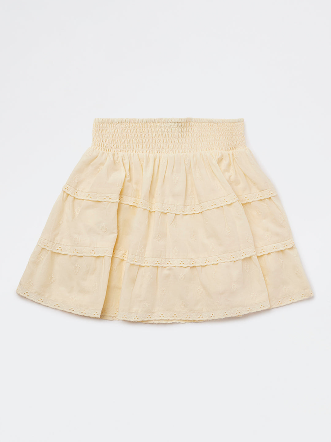 Girls Yellow Schiffli Design High-Rise Cotton Skirt