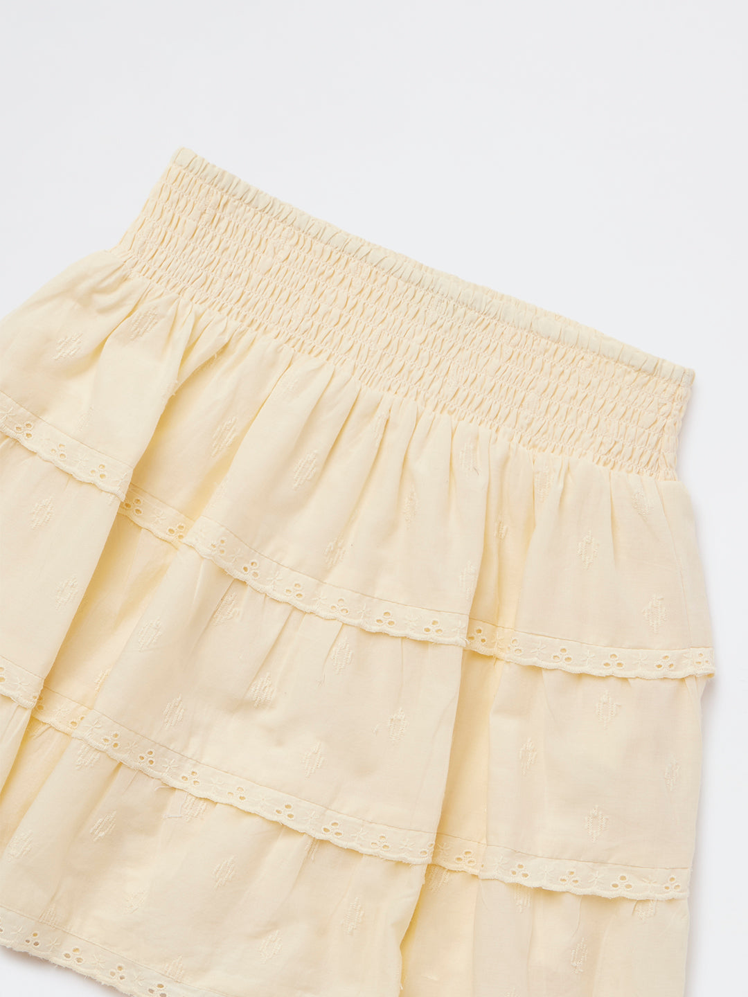 Girls Yellow Schiffli Design High-Rise Cotton Skirt