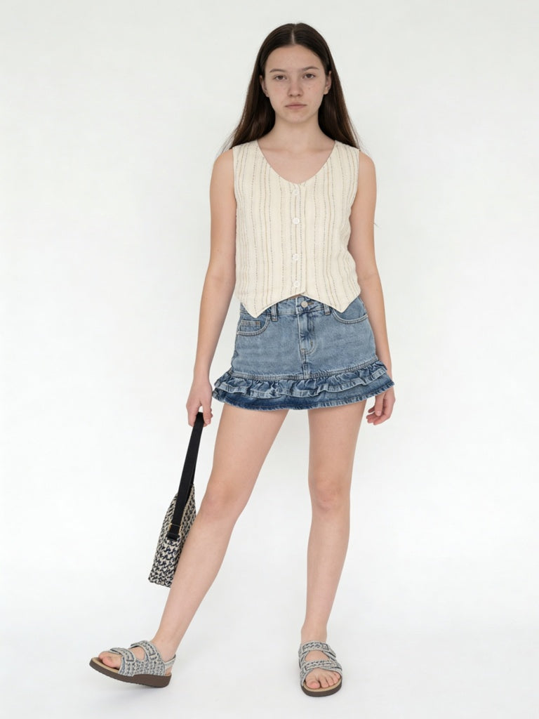 Girls Off-White Striped Cotton-Blend Waistcoat