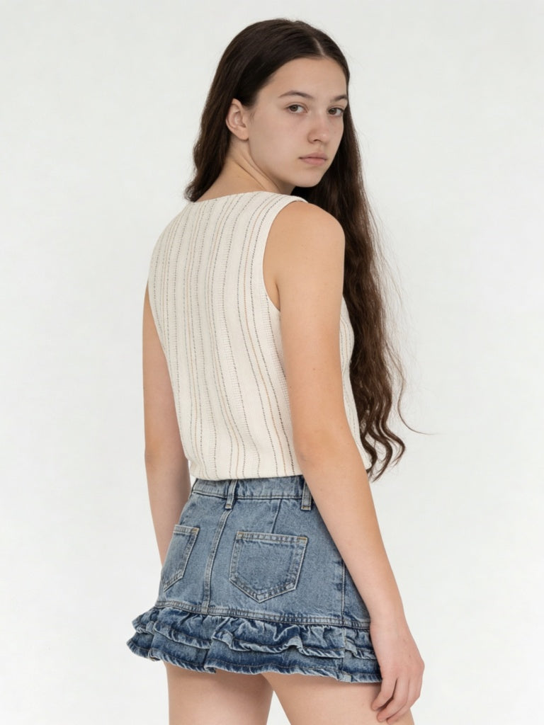 Girls Off-White Striped Cotton-Blend Waistcoat