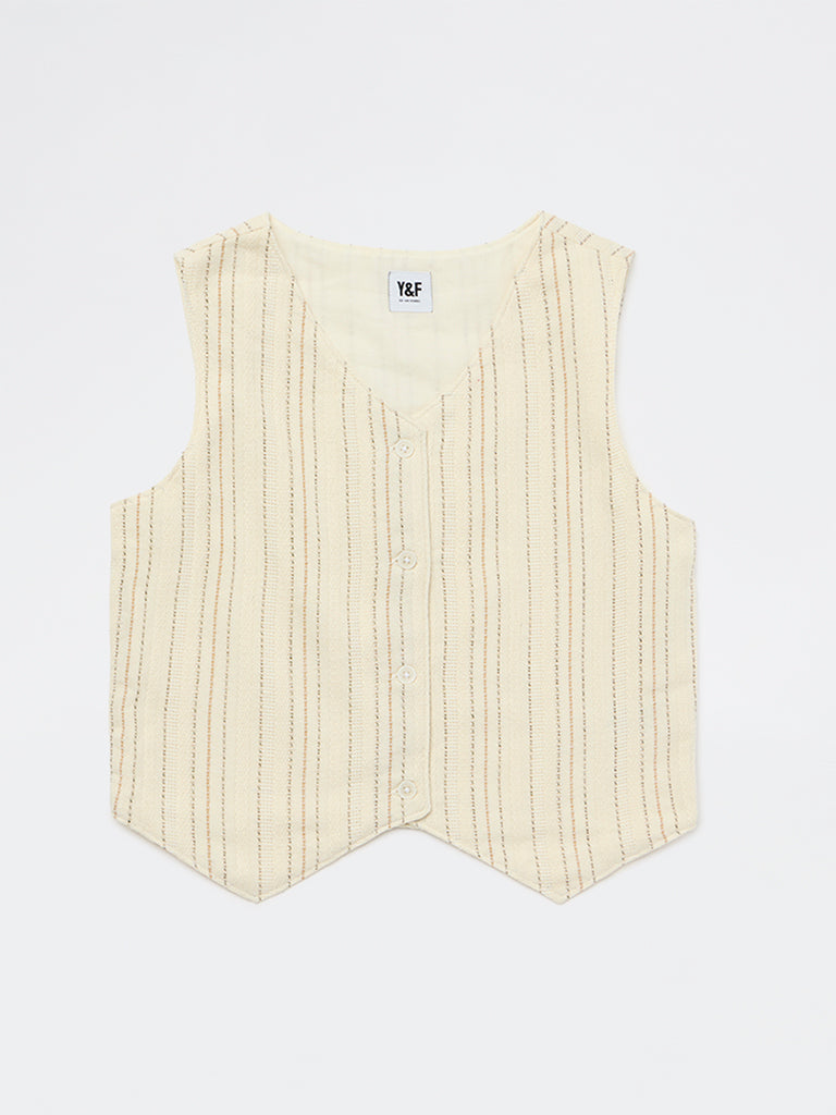 Girls Off-White Striped Cotton-Blend Waistcoat