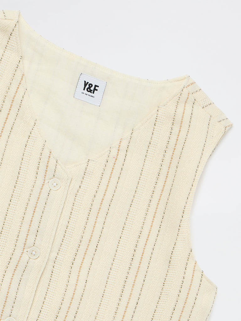Girls Off-White Striped Cotton-Blend Waistcoat