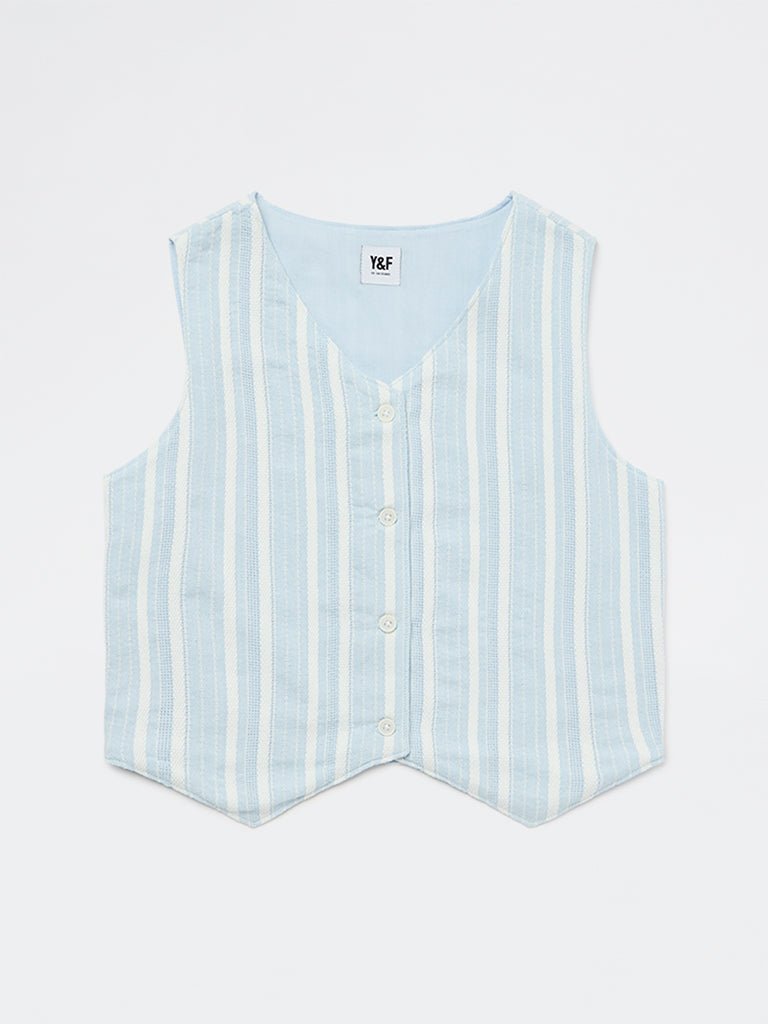Girls Blue Striped Cotton-Blend Waistcoat
