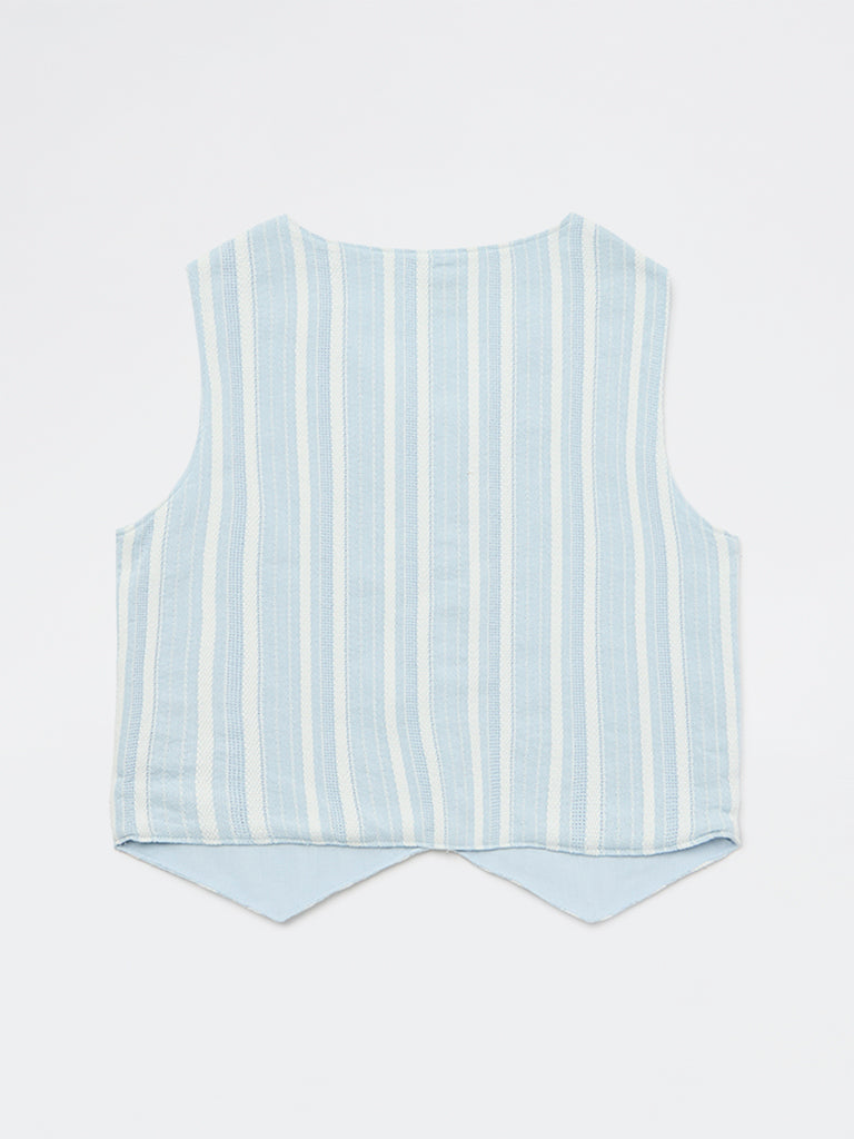 Girls Blue Striped Cotton-Blend Waistcoat