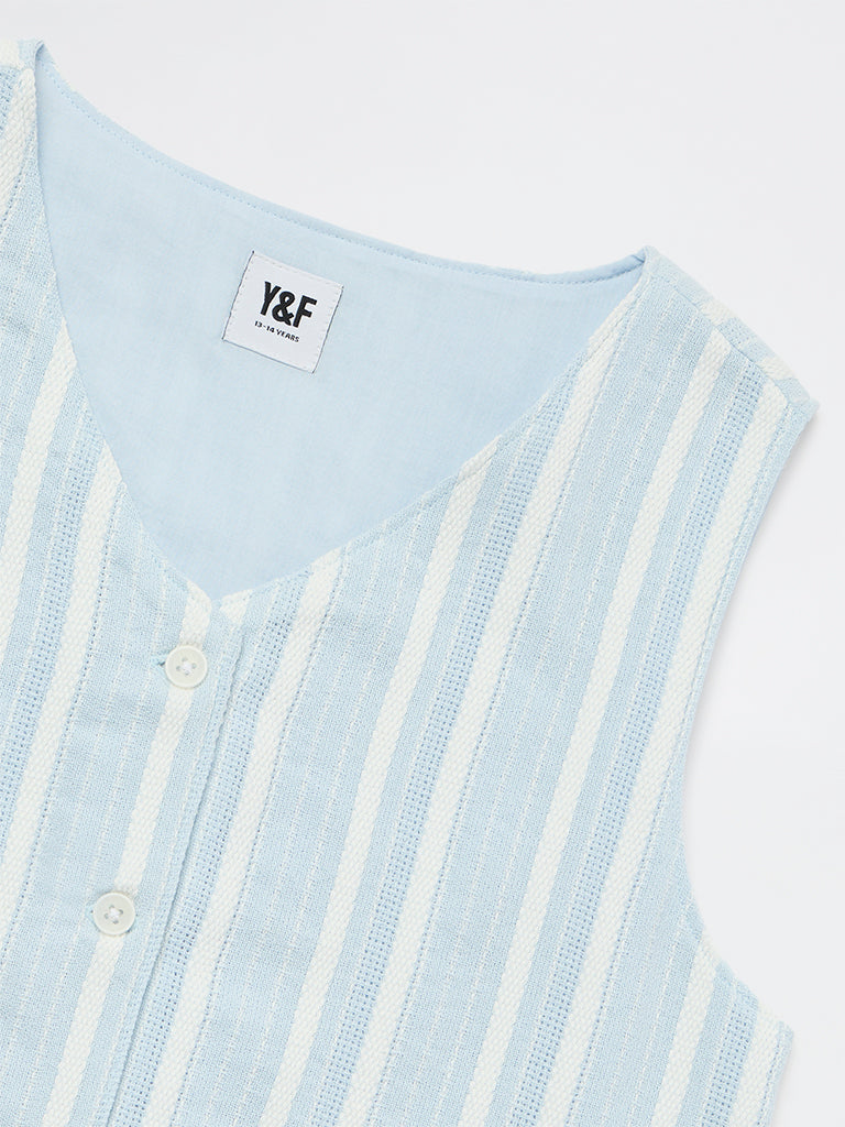 Girls Blue Striped Cotton-Blend Waistcoat