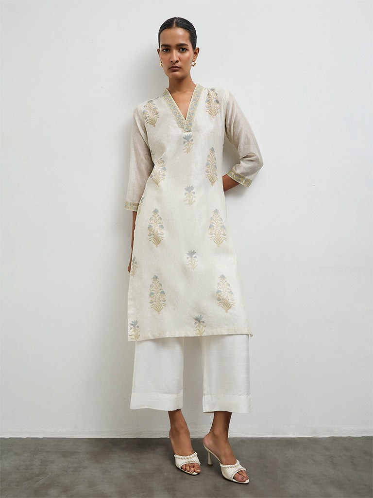 Zuba Ivory Printed Cotton-Blend A-Line Kurta