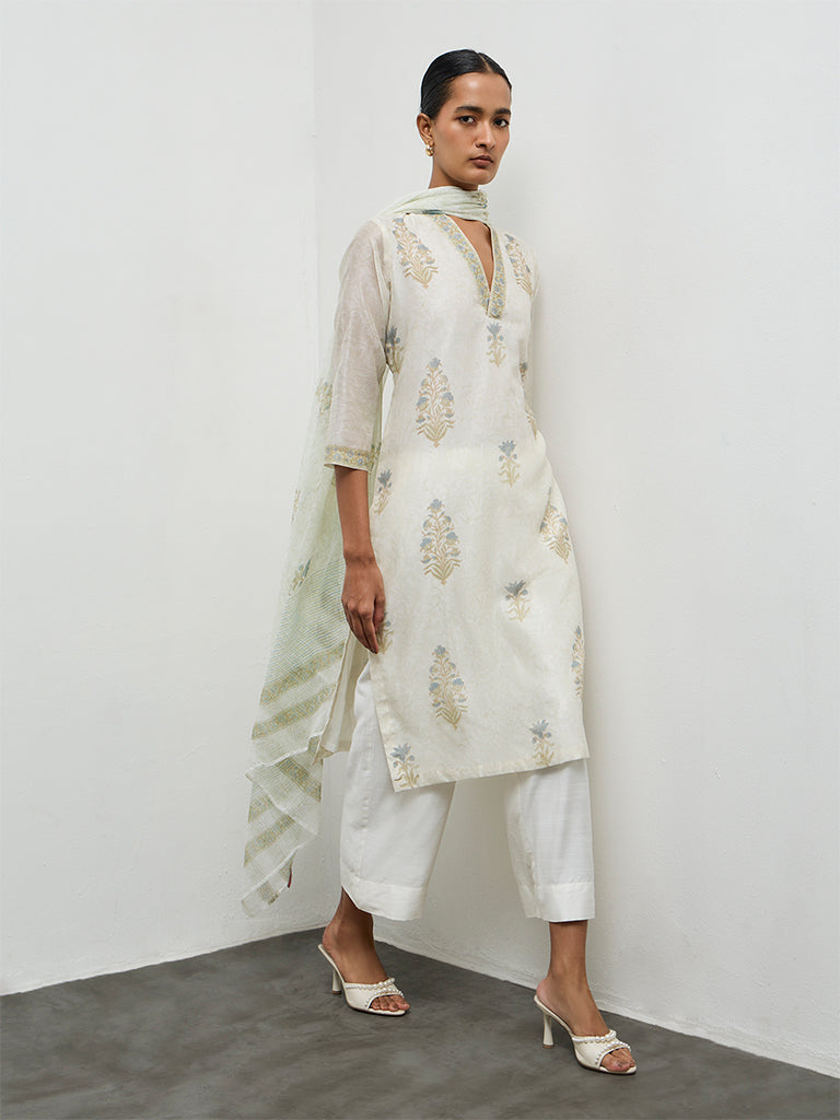 Zuba Ivory Printed Cotton-Blend A-Line Kurta