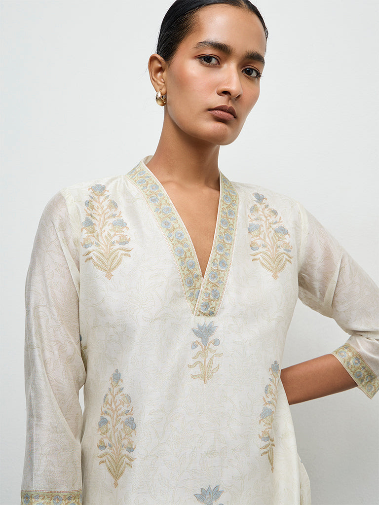 Zuba Ivory Printed Cotton-Blend A-Line Kurta