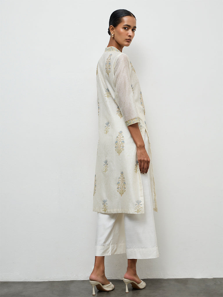 Zuba Ivory Printed Cotton-Blend A-Line Kurta