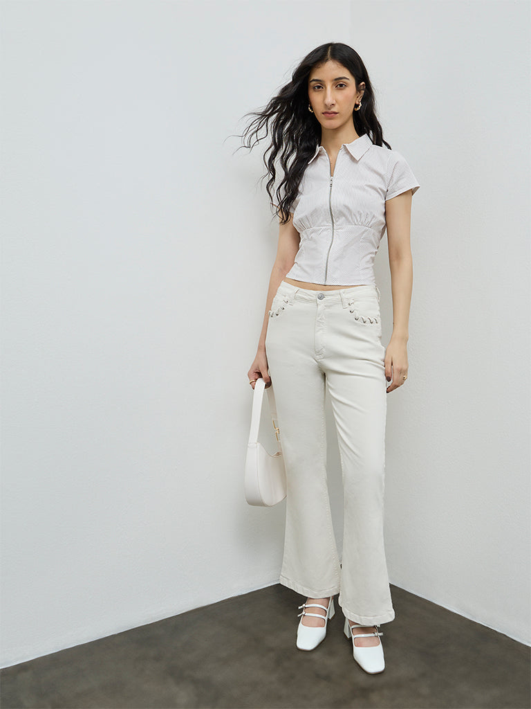 Nuon Beige Striped Cotton Top