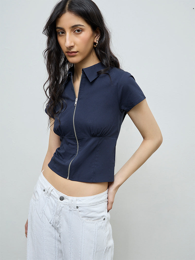 Nuon Navy Solid Cotton Top