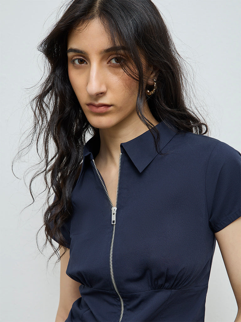 Nuon Navy Solid Cotton Top