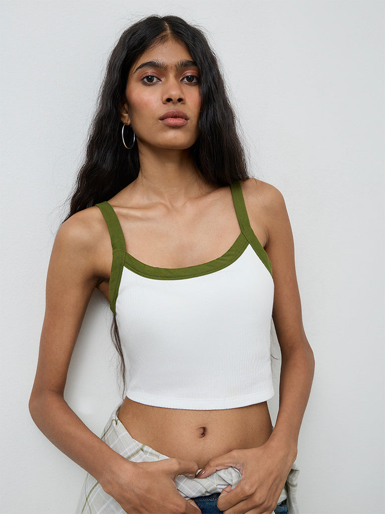 Nuon White Ribbed-Textured Cotton Top