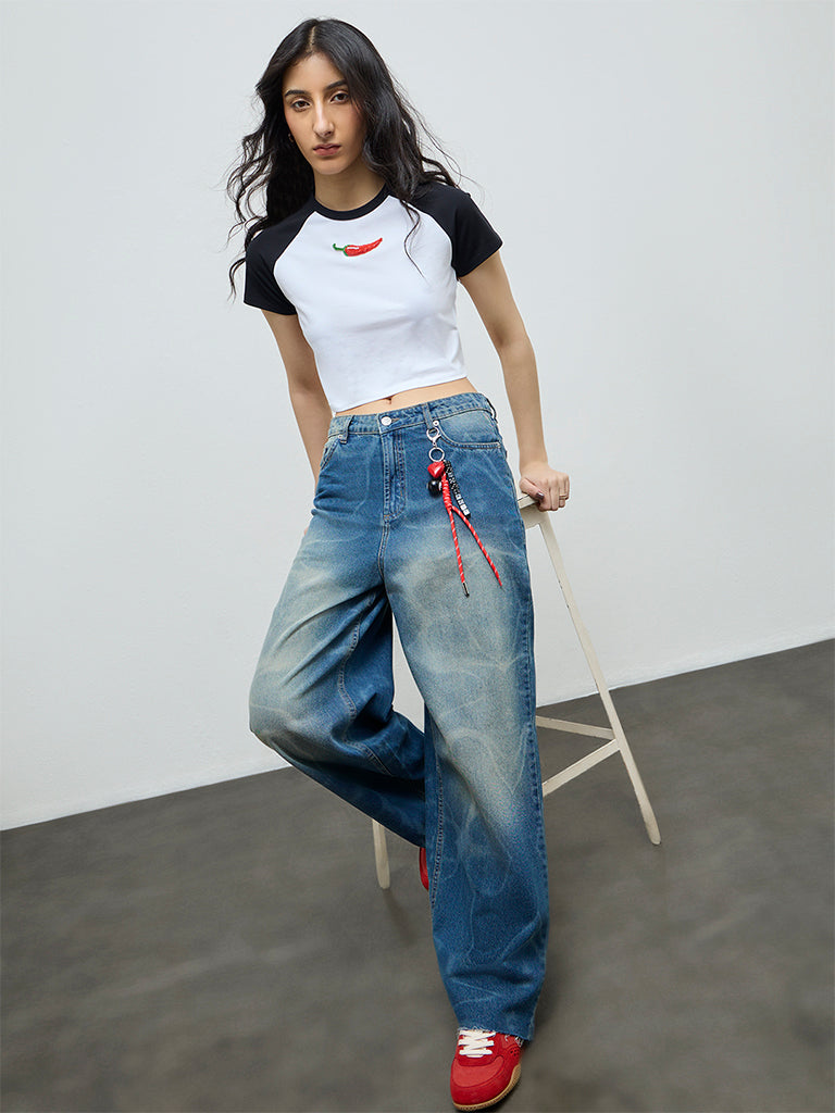 Nuon White Embellished Cotton-Blend Crop T-Shirt