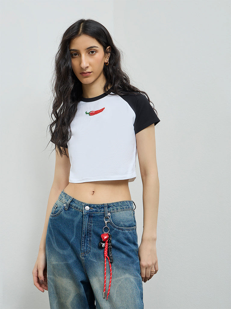 Nuon White Embellished Cotton-Blend Crop T-Shirt