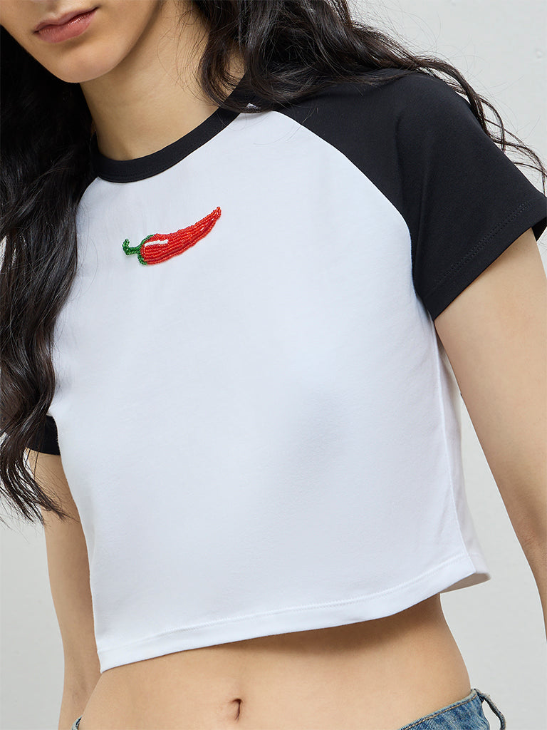 Nuon White Embellished Cotton-Blend Crop T-Shirt
