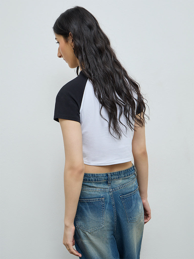 Nuon White Embellished Cotton-Blend Crop T-Shirt