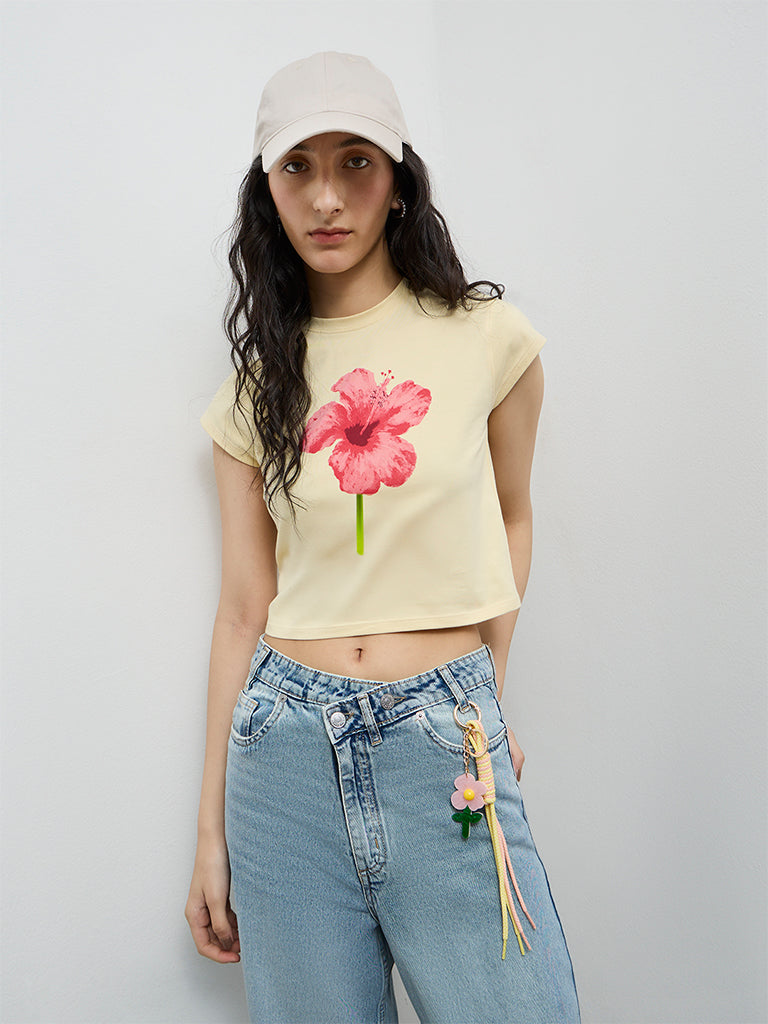 Nuon Light Yellow Floral Printed Cotton-Blend T-Shirt