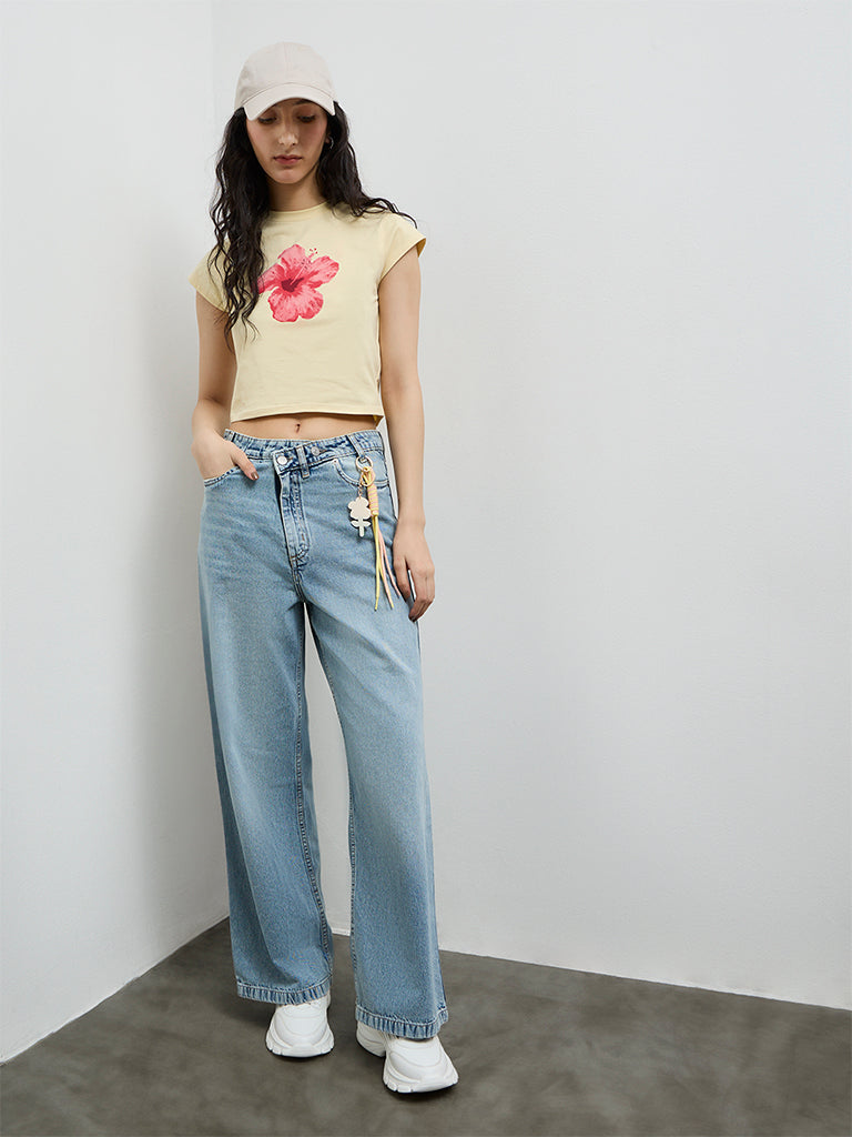 Nuon Light Yellow Floral Printed Cotton-Blend T-Shirt