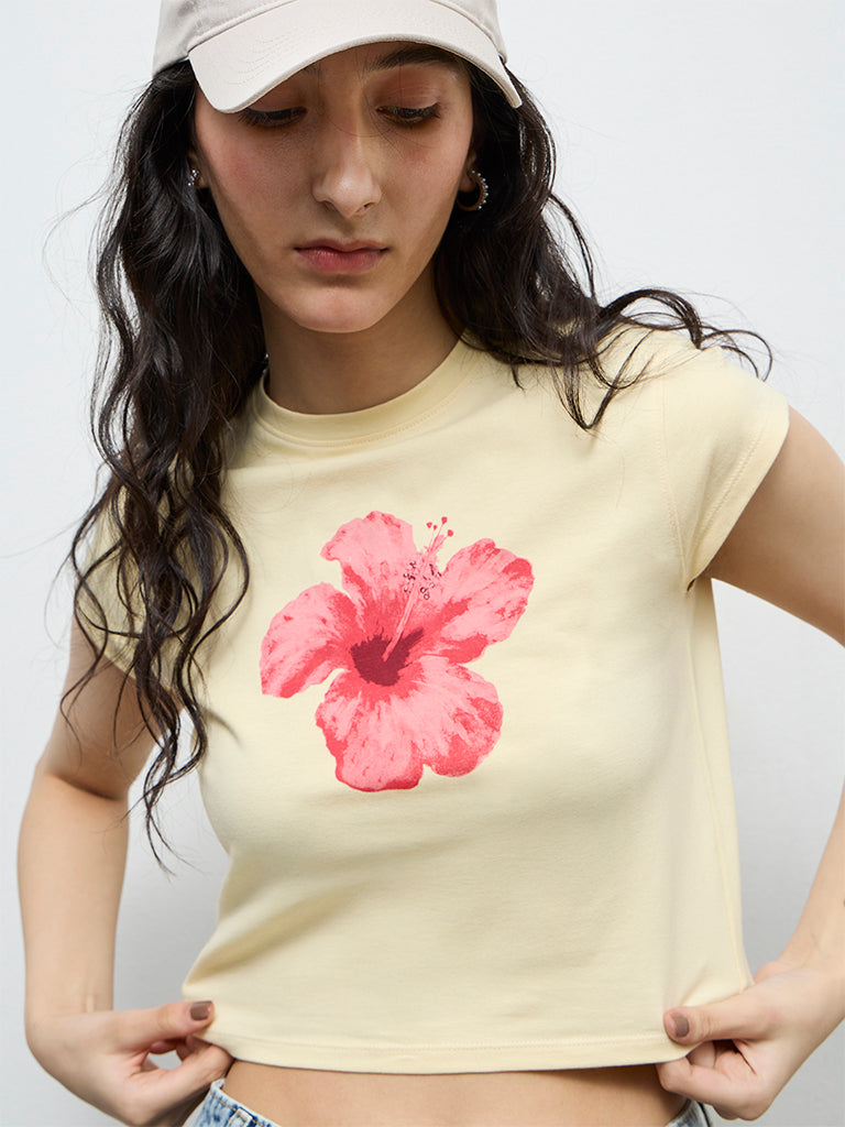 Nuon Light Yellow Floral Printed Cotton-Blend T-Shirt