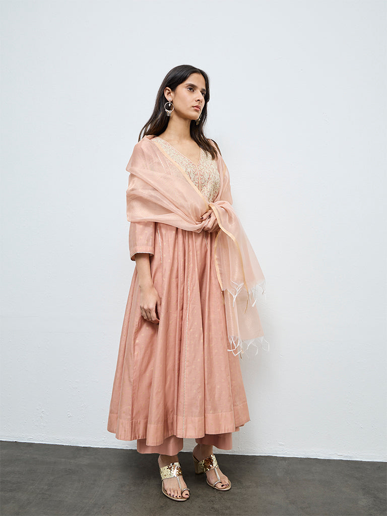 Vark Peach Embroidered A-Line Ethnic Set