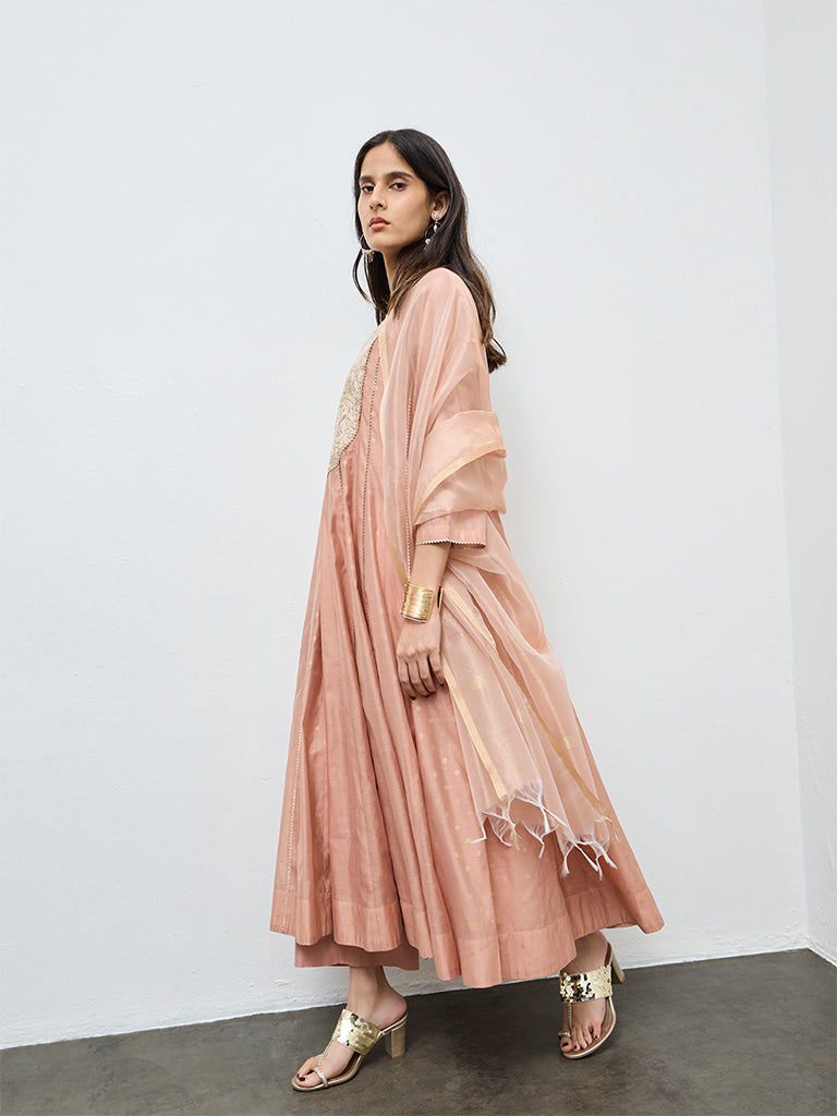 Vark Peach Embroidered A-Line Ethnic Set