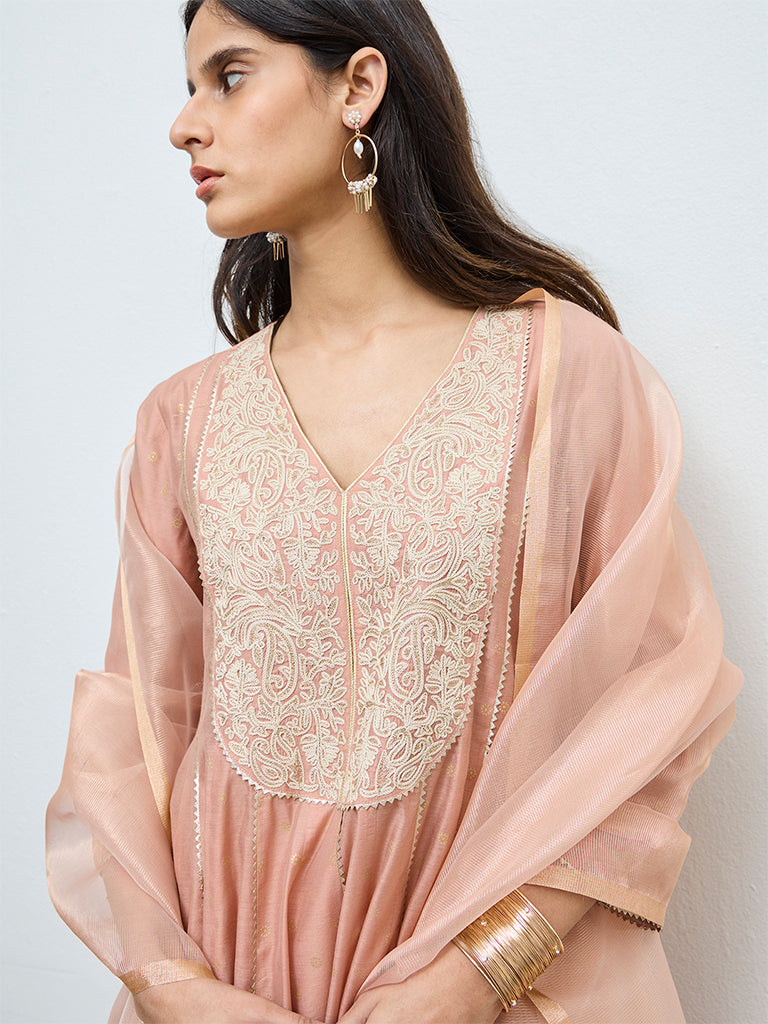 Vark Peach Embroidered A-Line Ethnic Set