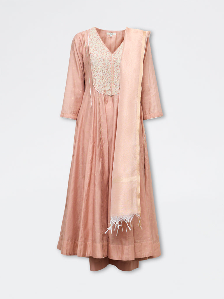 Vark Peach Embroidered A-Line Ethnic Set