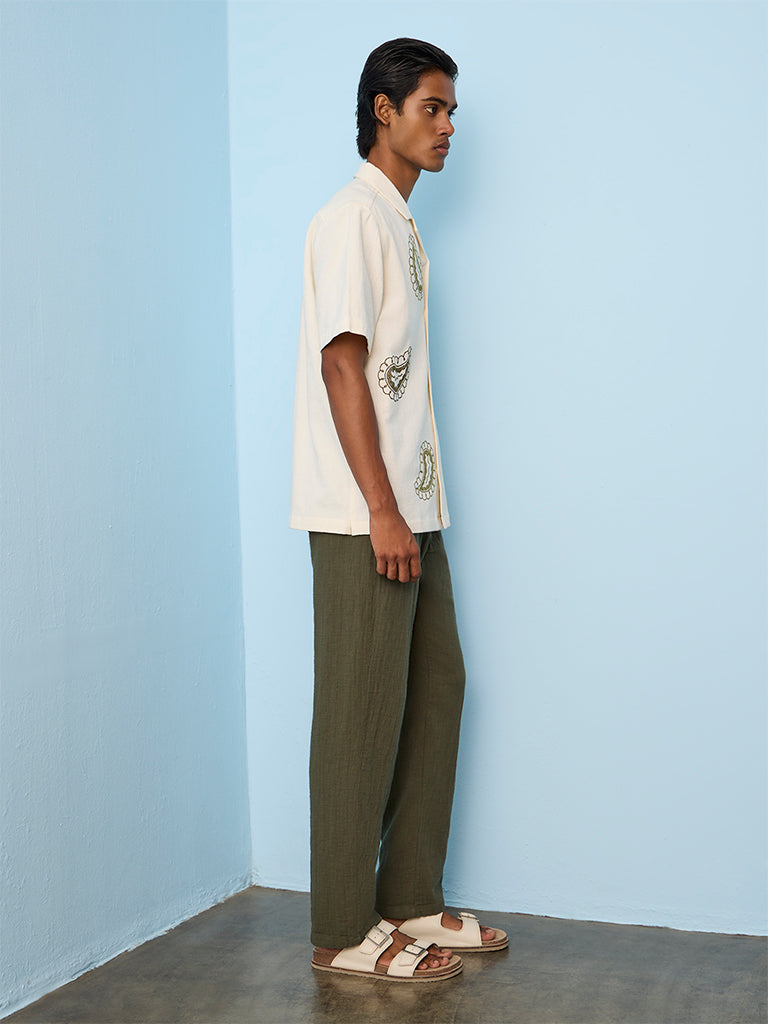 ETA Olive Crinkle-Textured Relaxed-Fit Mid-Rise Cotton Pants