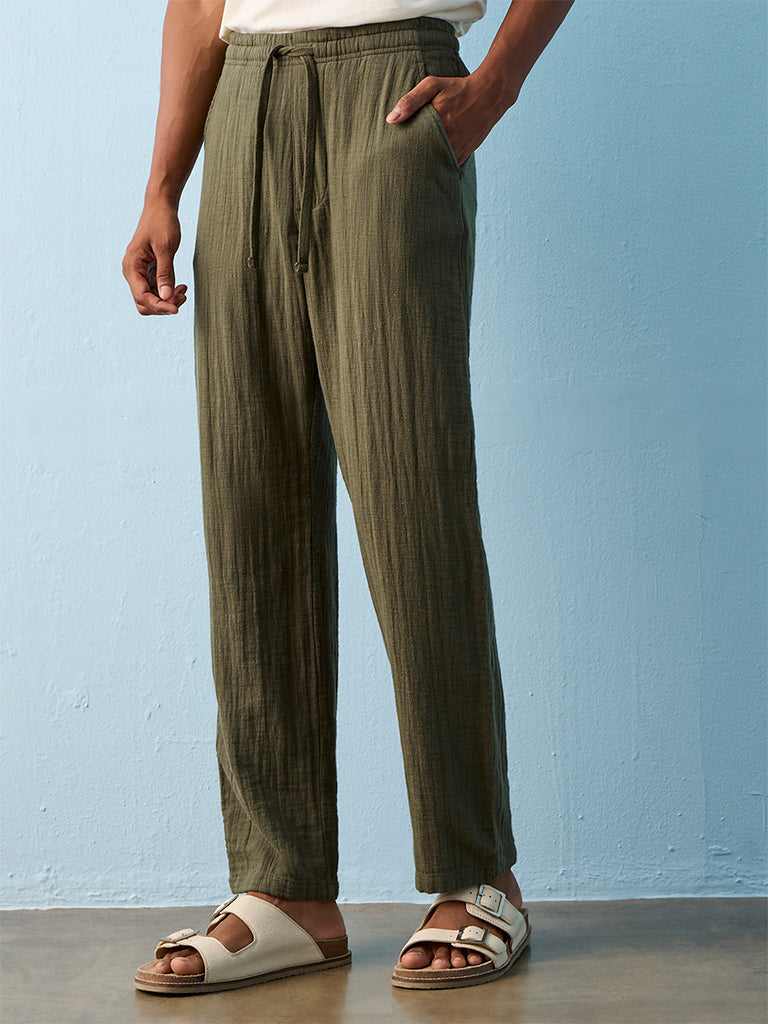 ETA Olive Crinkle-Textured Relaxed-Fit Mid-Rise Cotton Pants