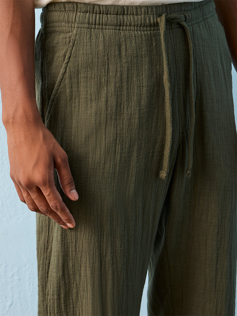 ETA Olive Crinkle-Textured Relaxed-Fit Mid-Rise Cotton Pants