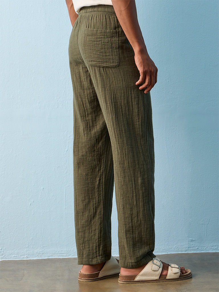 ETA Olive Crinkle-Textured Relaxed-Fit Mid-Rise Cotton Pants