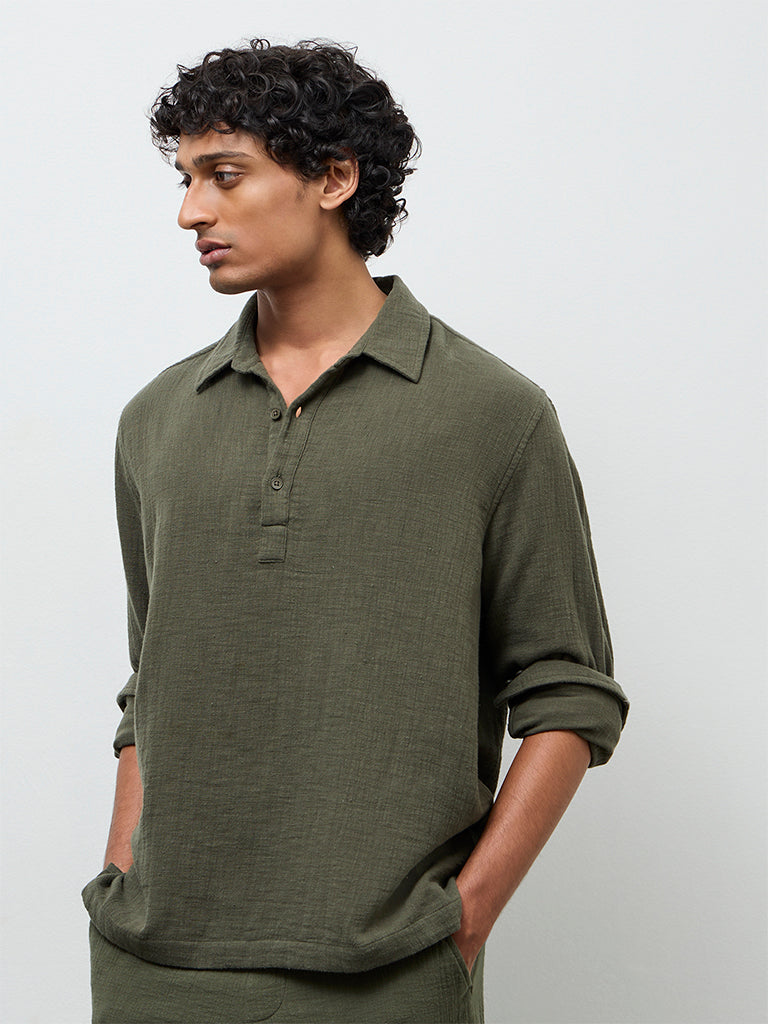 ETA Olive Textured Relaxed-Fit Cotton Shirt