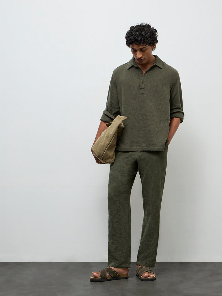 ETA Olive Textured Relaxed-Fit Cotton Shirt