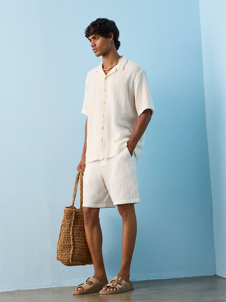 ETA Off-White Crinkle-Textured Relaxed-Fit Cotton Shirt