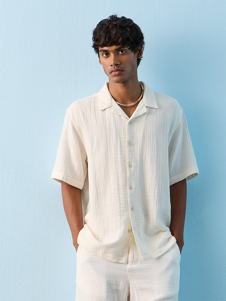 ETA Off-White Crinkle-Textured Relaxed-Fit Cotton Shirt