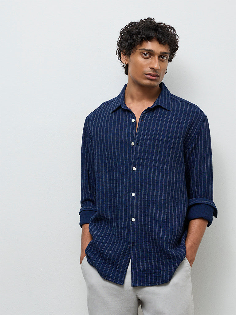 ETA Navy Striped Relaxed-Fit Cotton Shirt